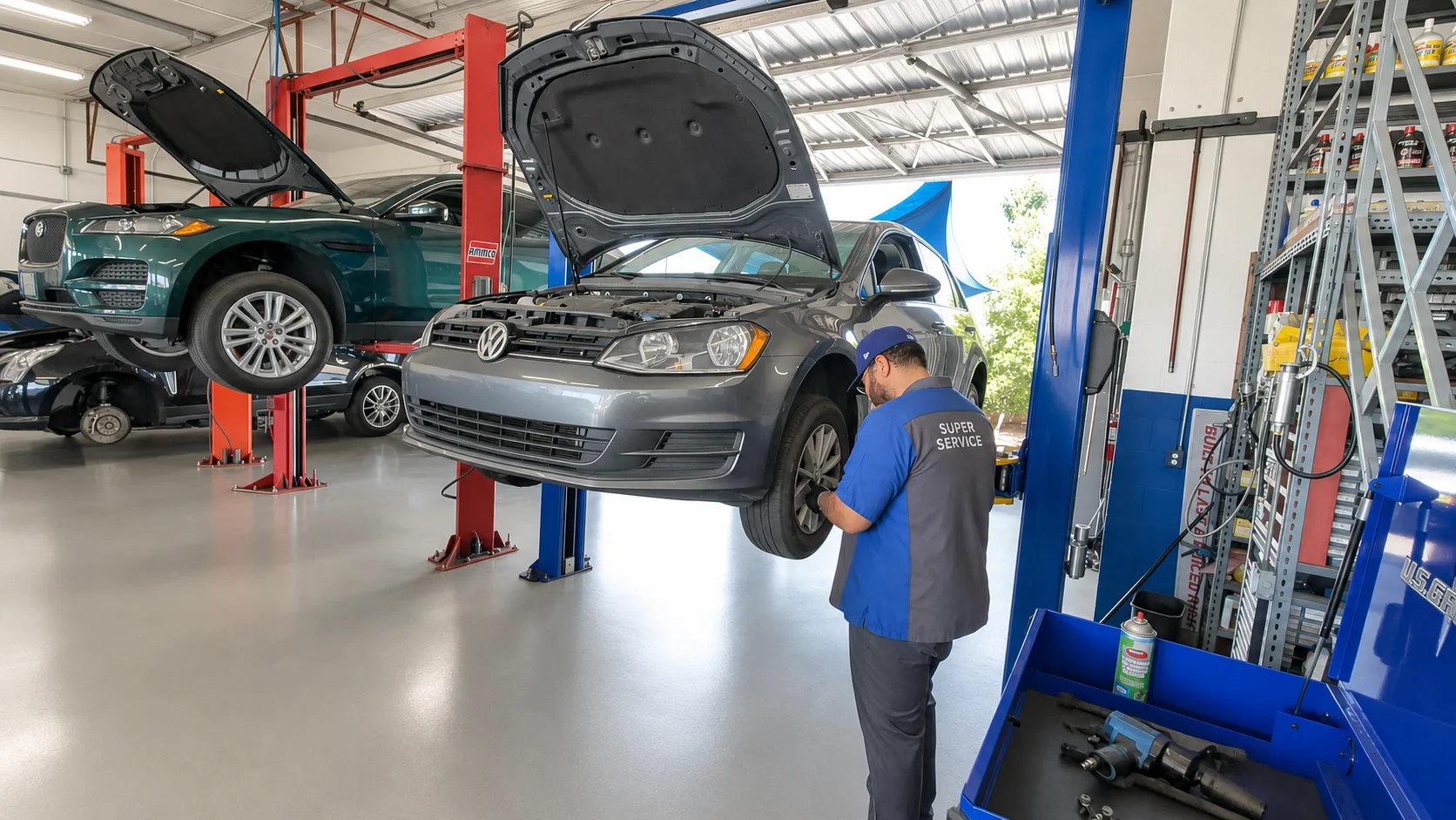 Inside Super Service of Pomona Valley with vehicles on lifts during automotive inspection and service