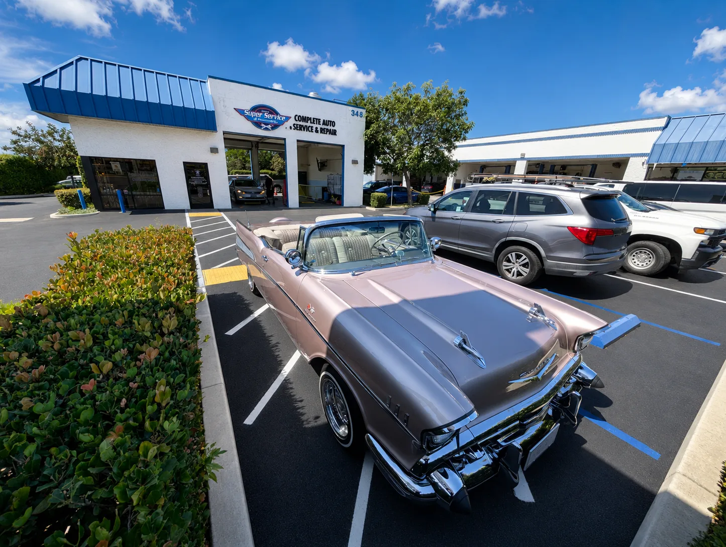 Classic car outside Super Service of Pomona Valley in Pomona, California