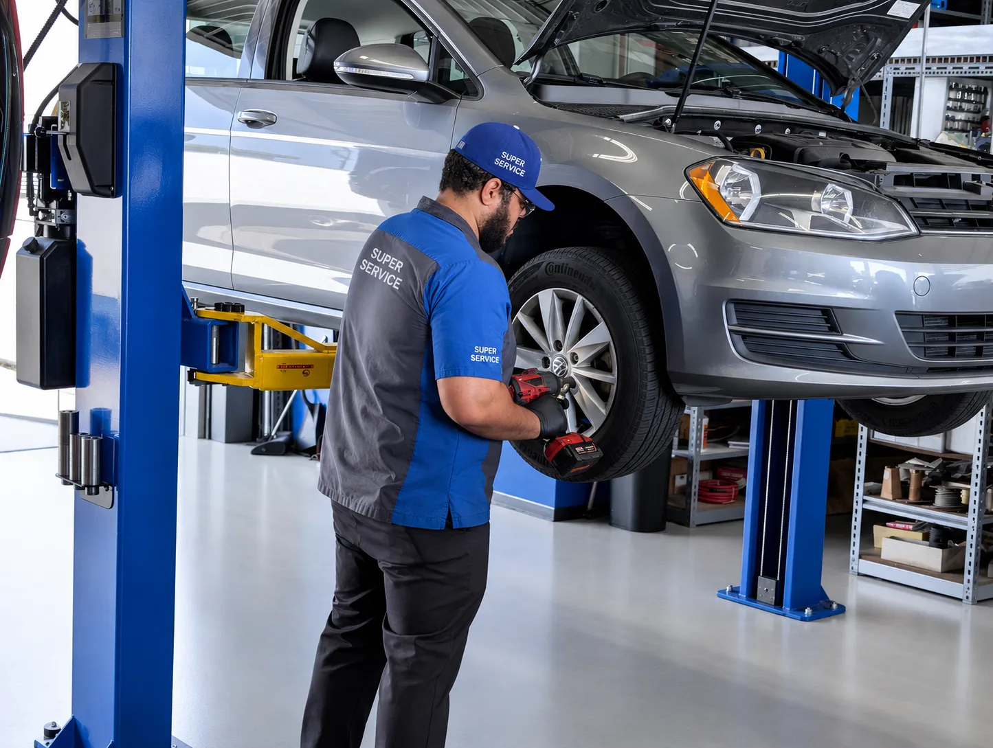 Super Service technician servicing a wheel and tire in the Pomona Valley shop